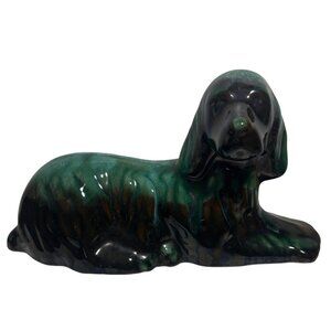 Blue Mountain Pottery Resting Dog Figurine Green Drip Glaze 10 x 5.5" MCM Canada
